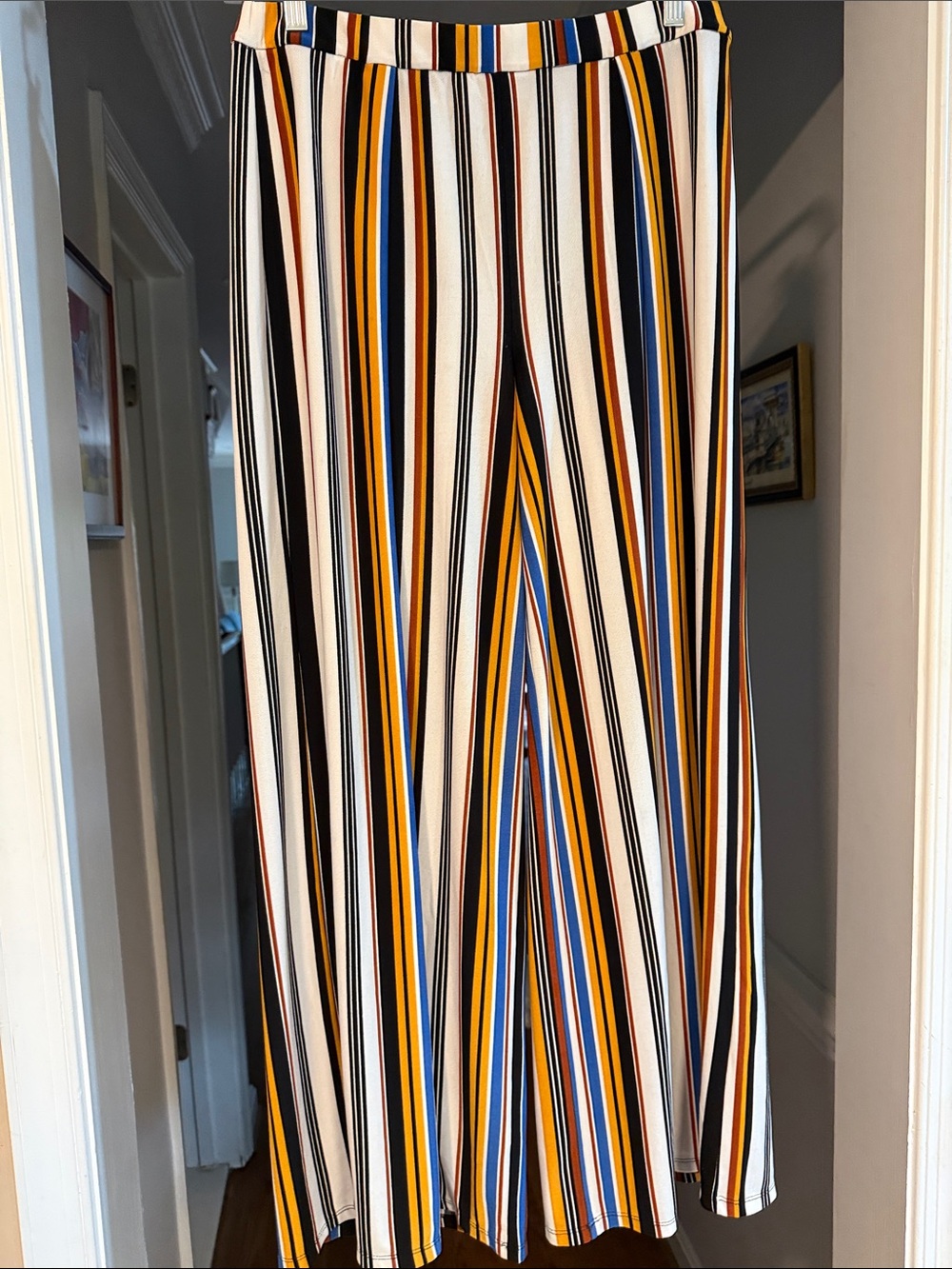Philosophy Striped Wide-Leg Pants in Blue, Mustard, Rust, Black & Cream